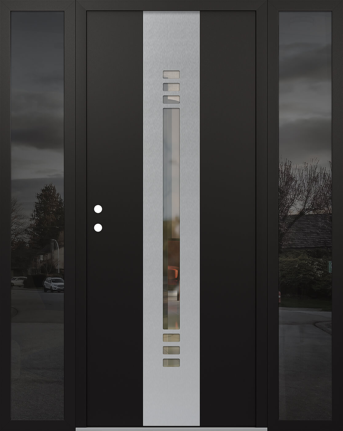 Modern Steel Front Door DIAMOND A5 68" X 80" BLACK/BLACK CLEAR GLASS PANEL STAINLESS STEEL RHI WITH 2 SIDELITES FROSTED GLASS