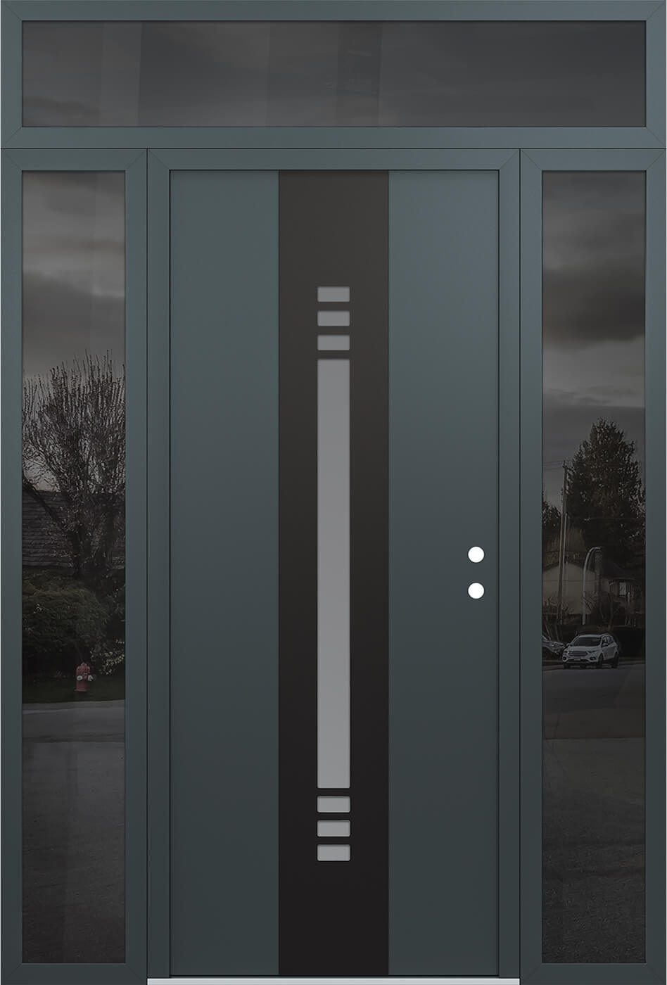 Modern Steel Front Door DIAMOND A5 68" X 96" ANTHRACITE/ANTHRACITE FROSTED GLASS PANEL BLACK LHI WITH 2 SIDELITES AND TRANSOM CLEAR GLASS