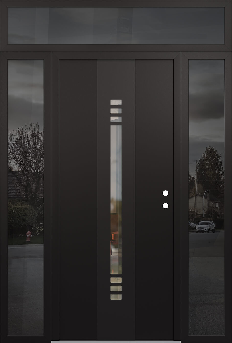 Modern Steel Front Door DIAMOND A5 68" X 96" BLACK/BLACK CLEAR GLASS PANEL BLACK LHI WITH 2 SIDELITES AND TRANSOM FROSTED GLASS
