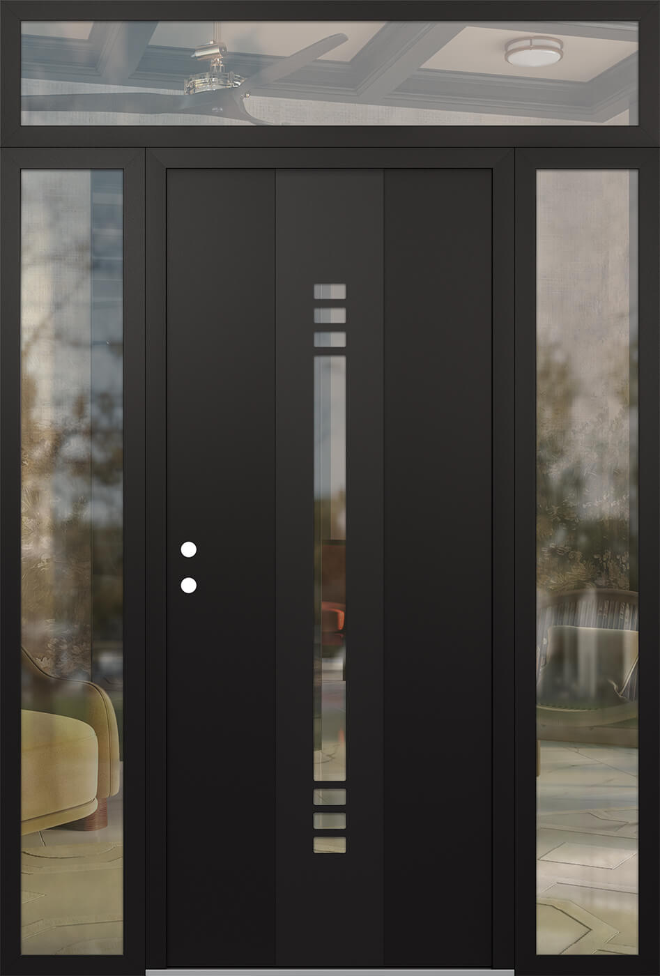 Modern Steel Front Door DIAMOND A5 68" X 96" BLACK/BLACK CLEAR GLASS PANEL BLACK RHI WITH 2 SIDELITES AND TRANSOM FROSTED GLASS