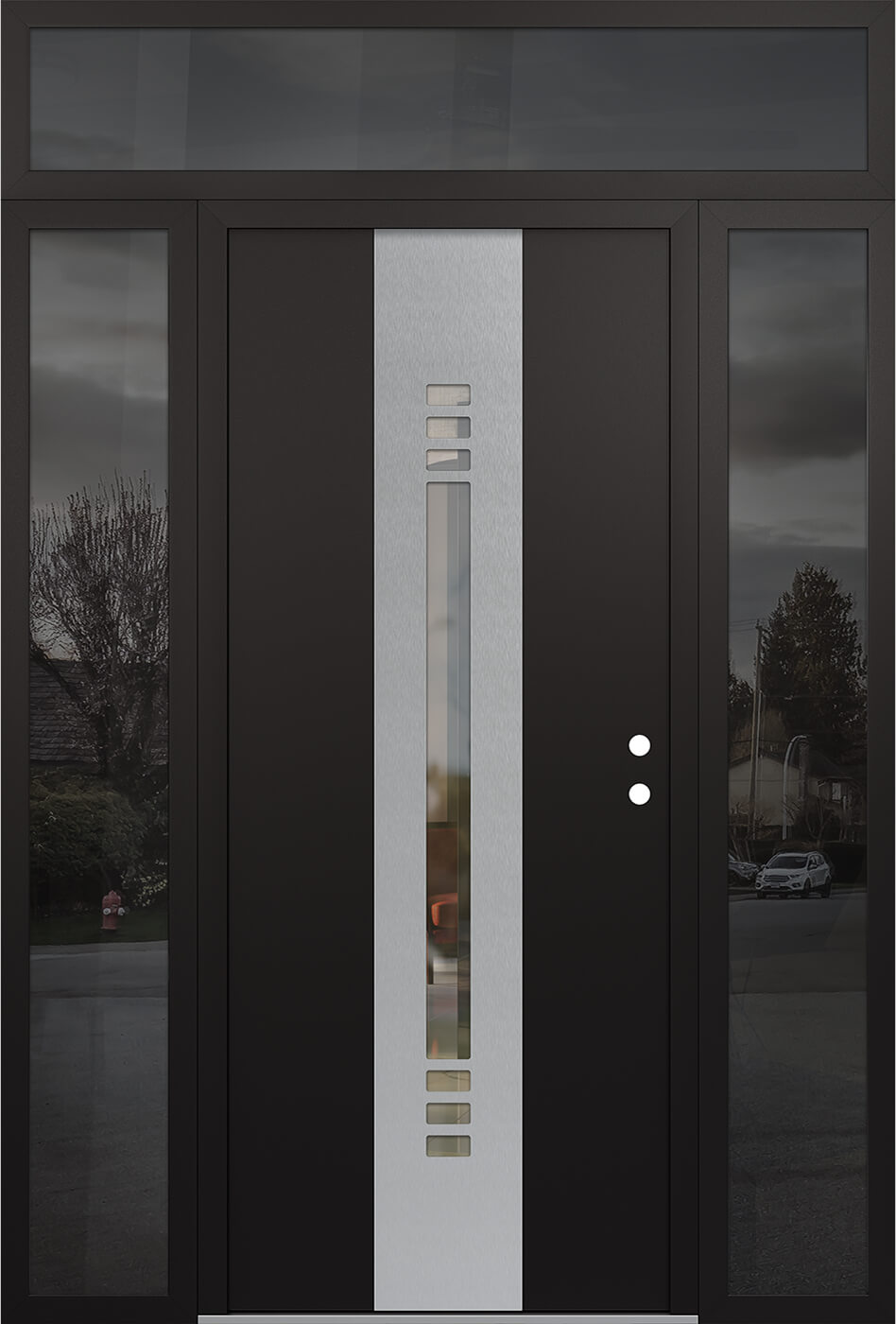 Modern Steel Front Door DIAMOND A5 68" X 96" BLACK/BLACK CLEAR GLASS PANEL STAINLESS STEEL LHI WITH 2 SIDELITES AND TRANSOM CLEAR GLASS