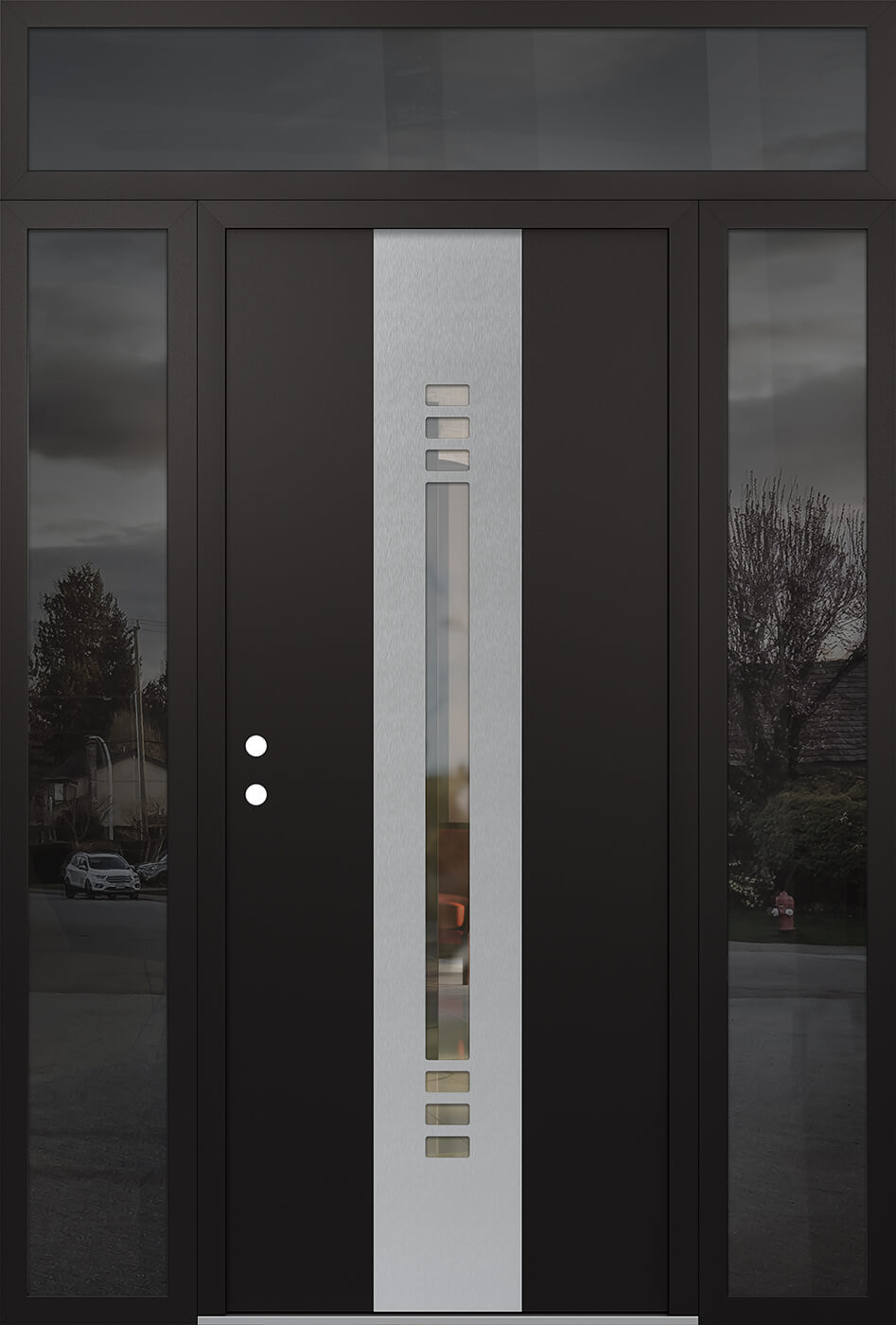 Modern Steel Front Door DIAMOND A5 68" X 96" BLACK/BLACK CLEAR GLASS PANEL STAINLESS STEEL RHI WITH 2 SIDELITES AND TRANSOM CLEAR GLASS