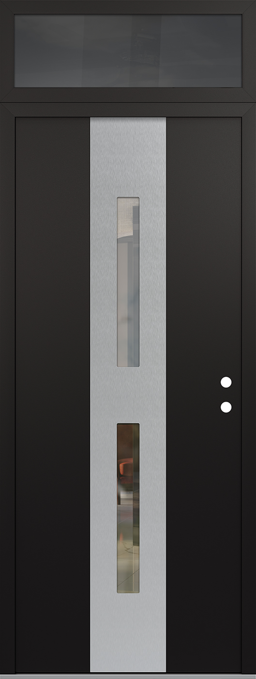 Modern Steel Front Door DIAMOND A6 36" X 96" BLACK/BLACK CLEAR GLASS PANEL STAINLESS STEEL LHI WITH TRANSOM MIRRORED GLASS