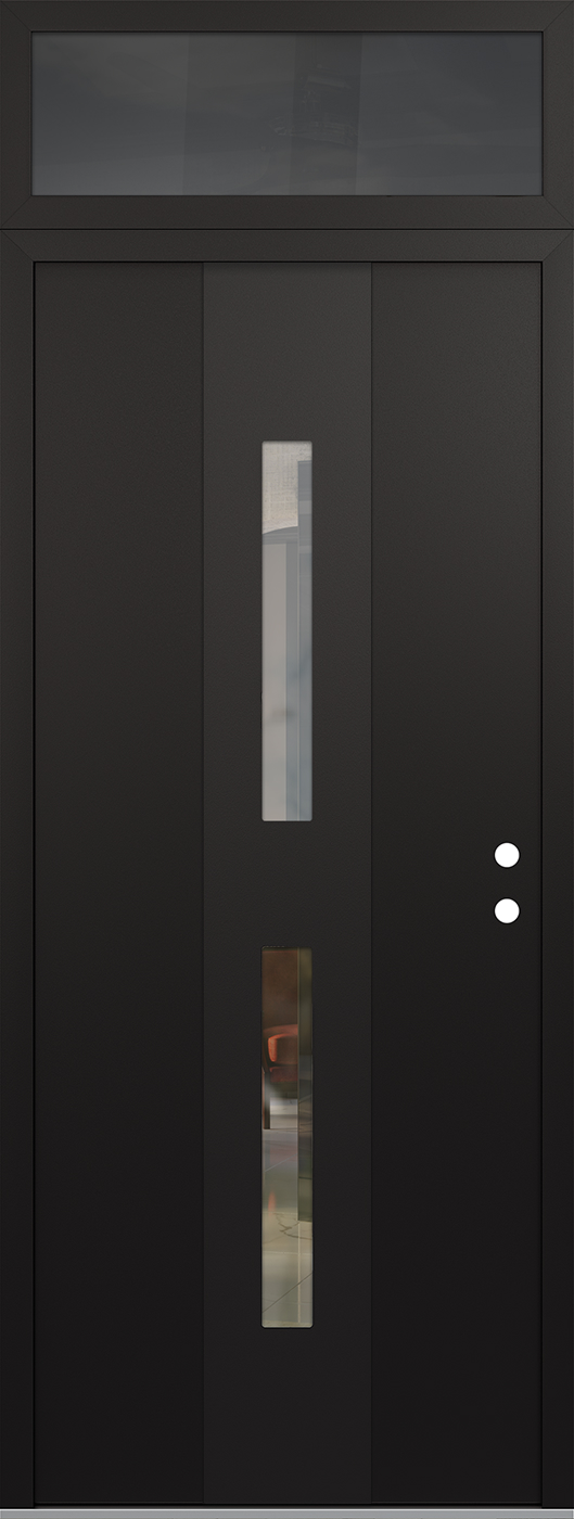 Modern Steel Front Door DIAMOND A6 36" X 96" BLACK/BLACK CLEAR GLASS PANEL BLACK LHI WITH TRANSOM MIRRORED GLASS