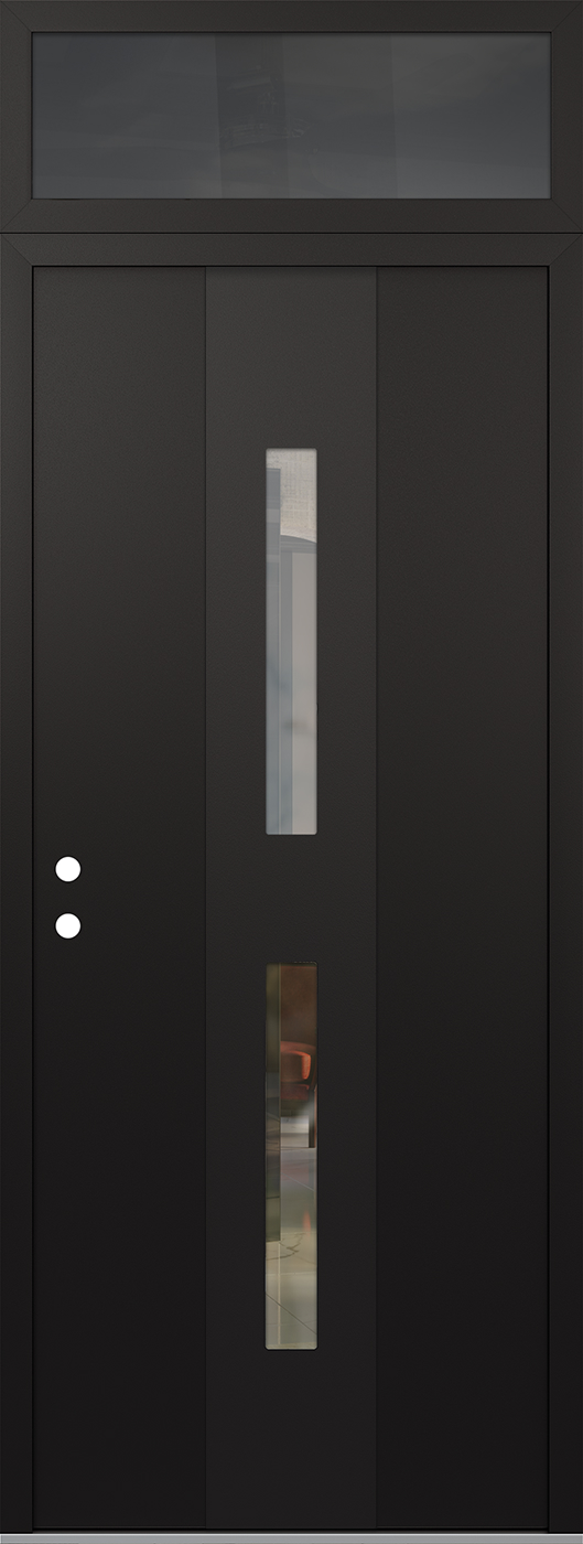 Modern Steel Front Door DIAMOND A6 36" X 96" BLACK/BLACK CLEAR GLASS PANEL BLACK RHI WITH TRANSOM MIRRORED GLASS