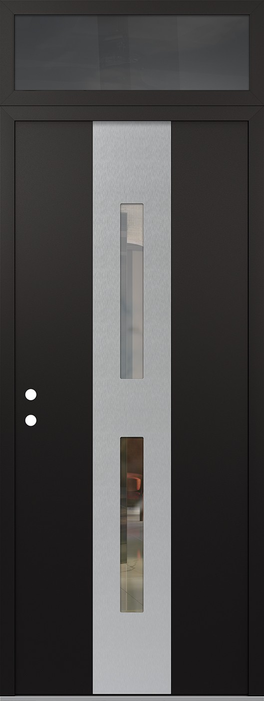 Modern Steel Front Door DIAMOND A6 36" X 96" BLACK/BLACK CLEAR GLASS PANEL STAINLESS STEEL RHI WITH TRANSOM CLEAR GLASS