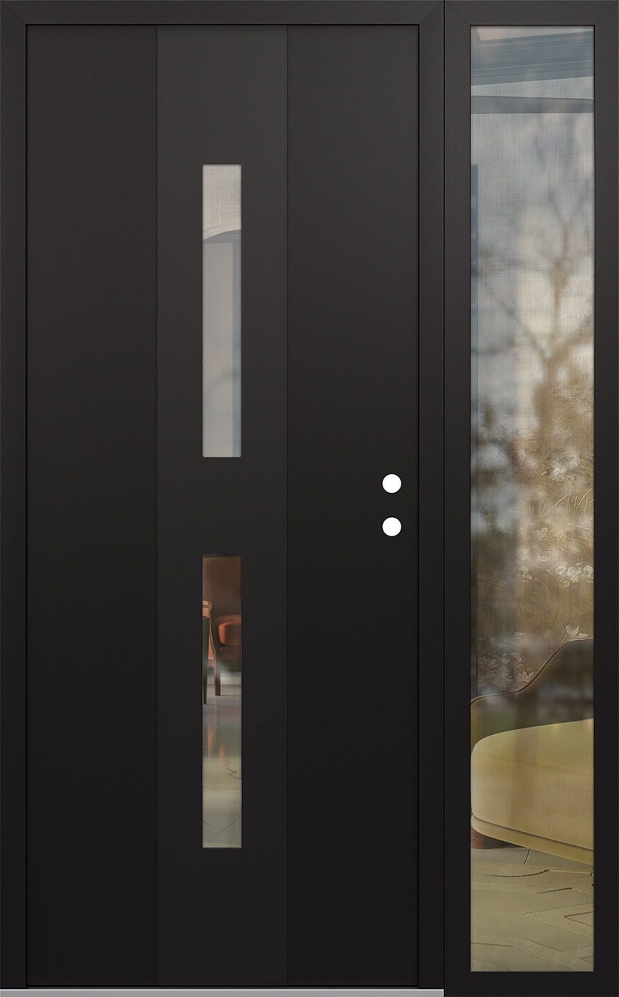Modern Steel Front Door DIAMOND A6 48" X 80" BLACK/BLACK CLEAR GLASS PANEL BLACK LHI WITH SIDELITE CLEAR GLASS