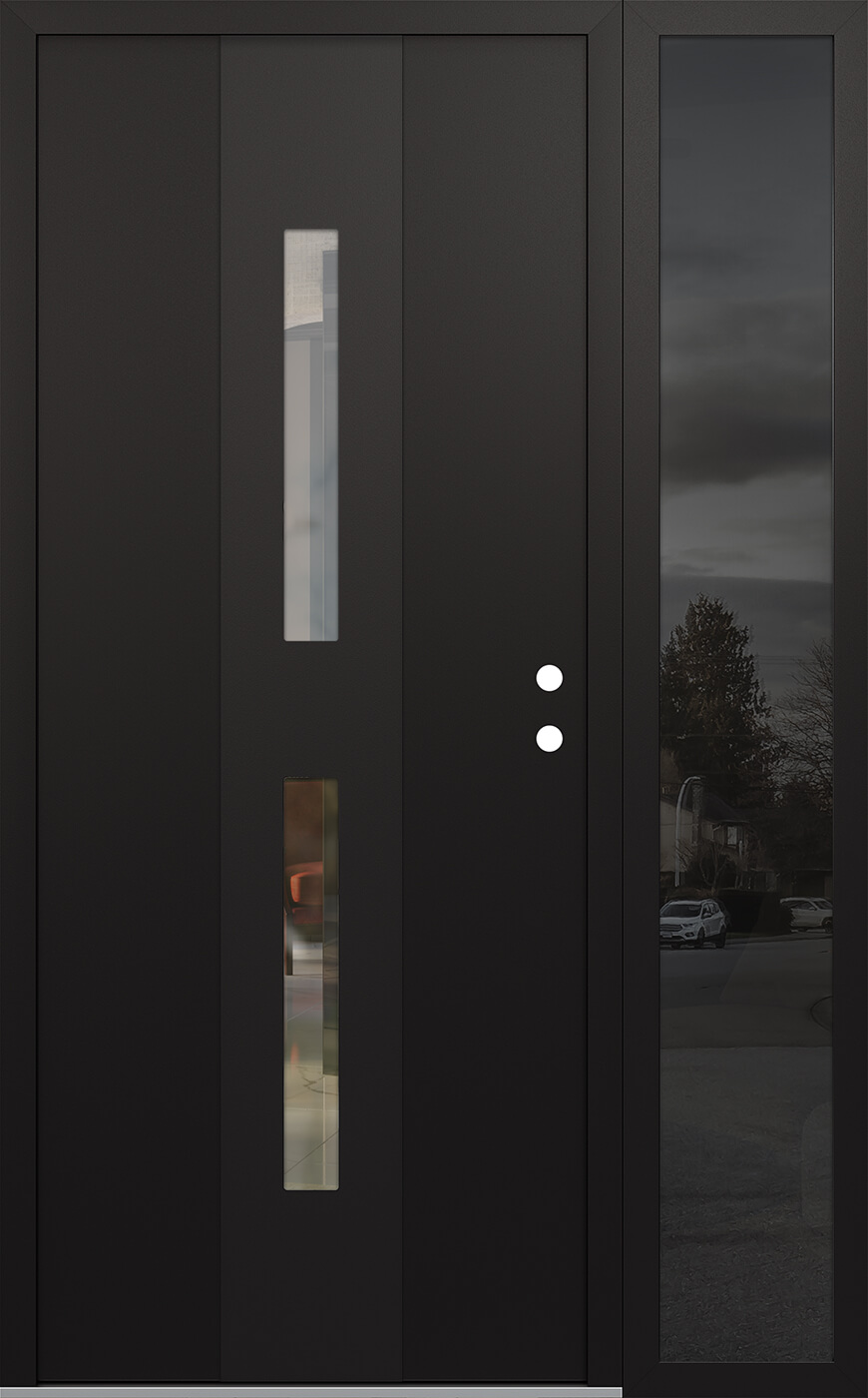 Modern Steel Front Door DIAMOND A6 48" X 80" BLACK/BLACK CLEAR GLASS PANEL BLACK LHI WITH SIDELITE MIRRORED GLASS