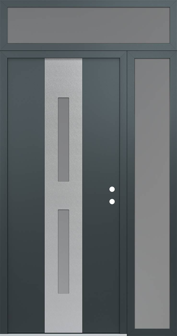 Modern Steel Front Door DIAMOND A6 48" X 96" ANTHRACITE/ANTHRACITE FROSTED GLASS PANEL STAINLESS STEEL RHI WITH SIDELITE AND TRANSOM FROSTED GLASS