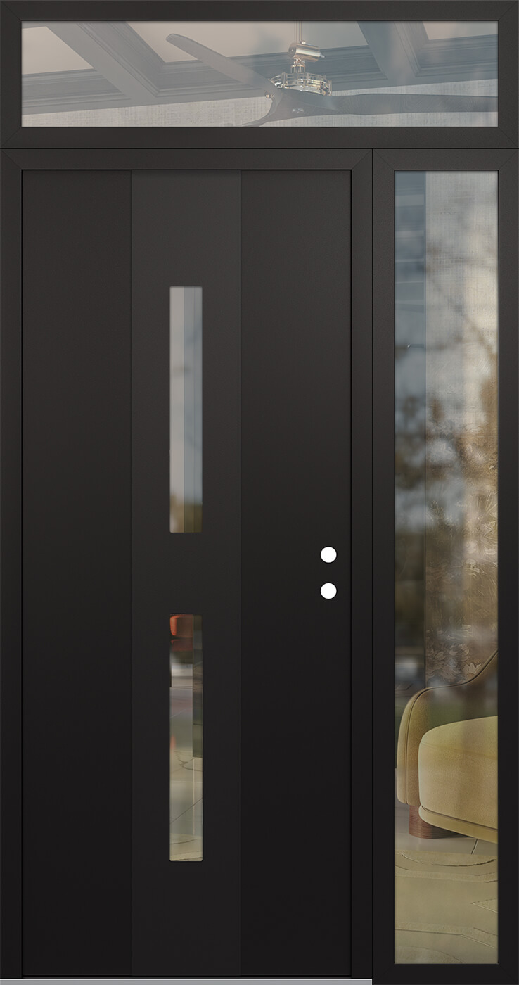 Modern Steel Front Door DIAMOND A6 48" X 96" BLACK/BLACK CLEAR GLASS PANEL BLACK LHI WITH SIDELITE AND TRANSOM MIRRORED GLASS