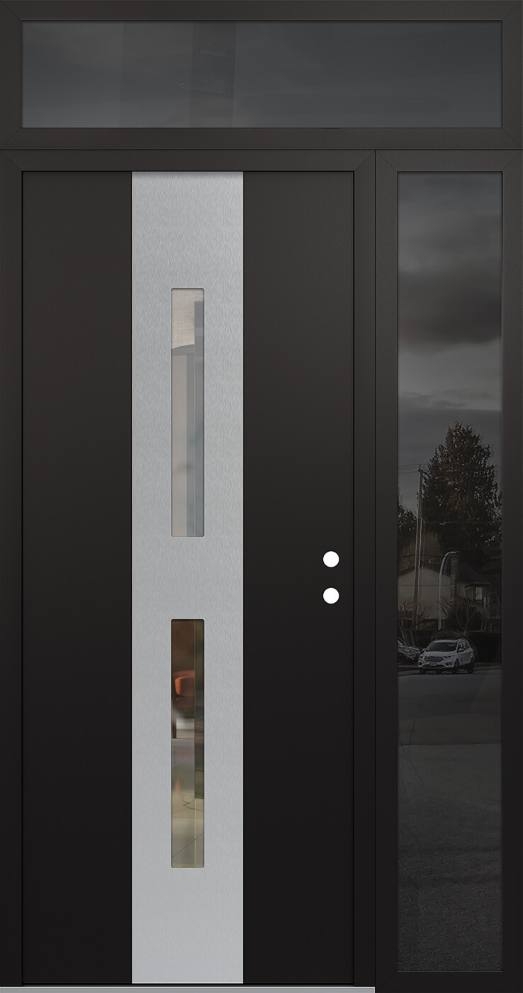 Modern Steel Front Door DIAMOND A6 48" X 96" BLACK/BLACK CLEAR GLASS PANEL STAINLESS STEEL LHI WITH SIDELITE AND TRANSOM CLEAR GLASS