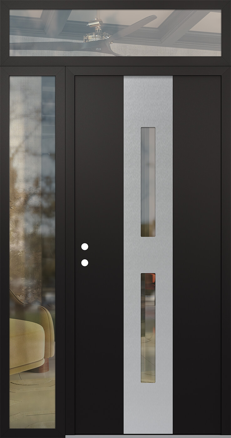 Modern Steel Front Door DIAMOND A6 48" X 96" BLACK/BLACK CLEAR GLASS PANEL STAINLESS STEEL RHI WITH SIDELITE AND TRANSOM MIRRORED GLASS