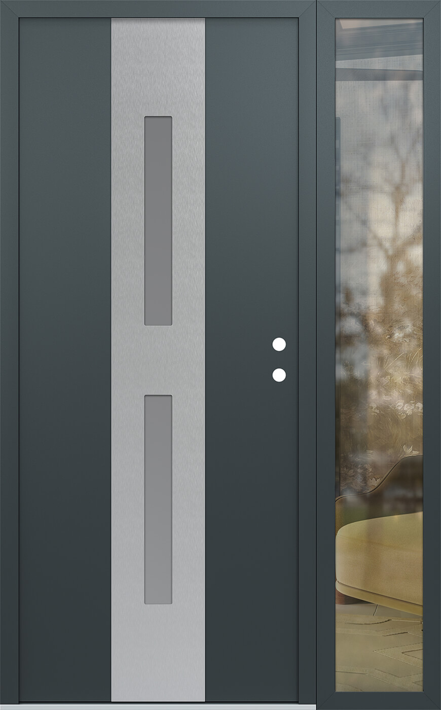 Modern Steel Front Door DIAMOND A6 50" X 80" ANTHRACITE/ANTHRACITE FROSTED GLASS PANEL STAINLESS STEEL LHI WITH SIDELITE FROSTED GLASS