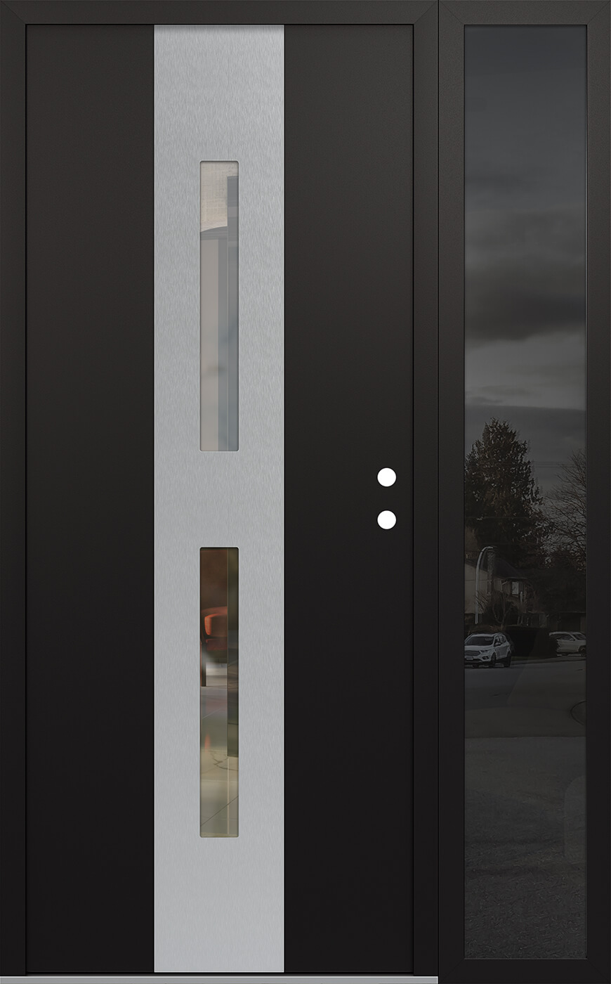 Modern Steel Front Door DIAMOND A6 50" X 80" BLACK/BLACK CLEAR GLASS PANEL STAINLESS STEEL LHI WITH SIDELITE FROSTED GLASS