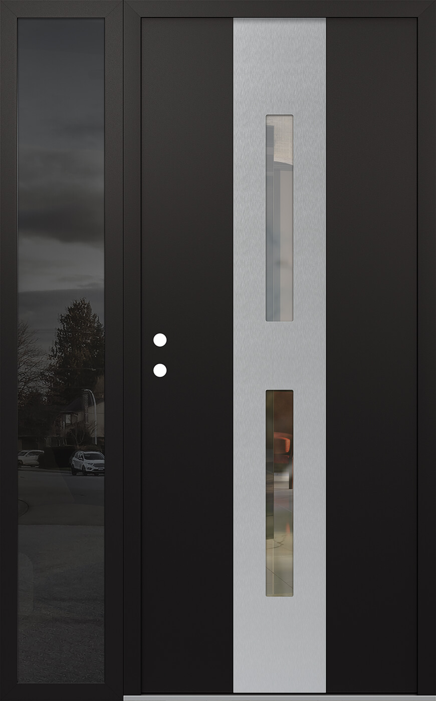 Modern Steel Front Door DIAMOND A6 50" X 80" BLACK/BLACK CLEAR GLASS PANEL STAINLESS STEEL RHI WITH SIDELITE CLEAR GLASS