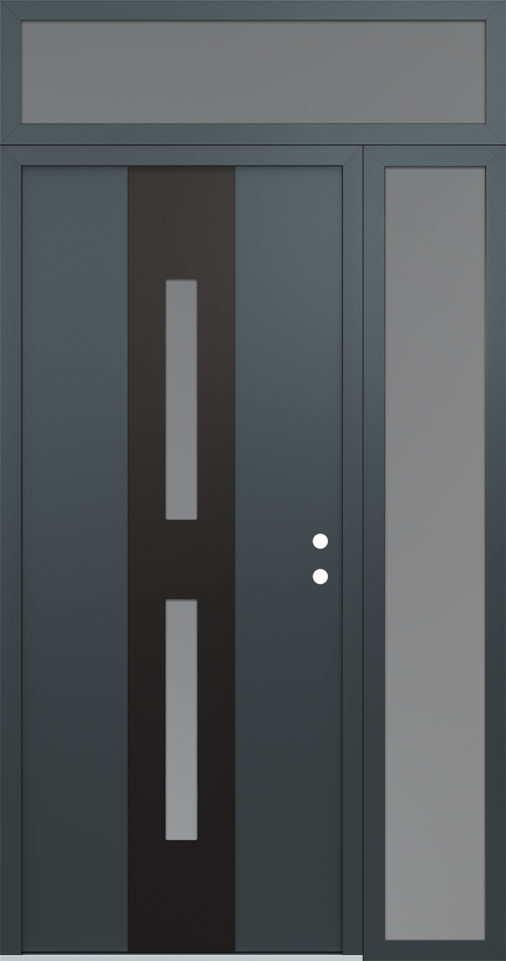 Modern Steel Front Door DIAMOND A6 50" X 96" ANTHRACITE/ANTHRACITE FROSTED GLASS PANEL BLACK LHI WITH SIDELITE AND TRANSOM CLEAR GLASS