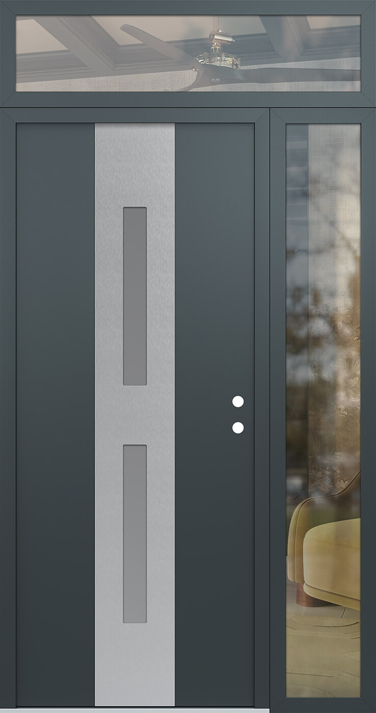 Modern Steel Front Door DIAMOND A6 50" X 96" ANTHRACITE/ANTHRACITE FROSTED GLASS PANEL STAINLESS STEEL RHI WITH SIDELITE AND TRANSOM FROSTED GLASS