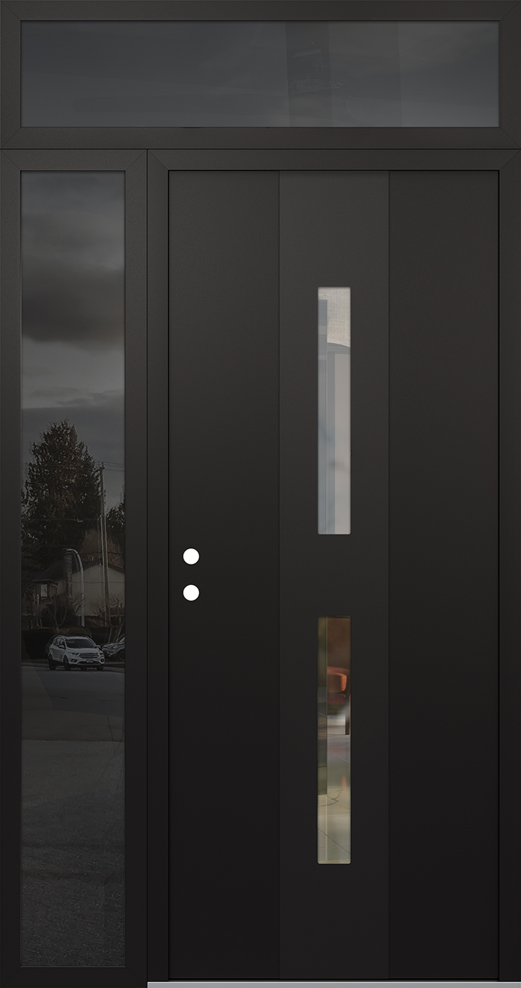 Modern Steel Front Door DIAMOND A6 50" X 96" BLACK/BLACK CLEAR GLASS PANEL BLACK RHI WITH SIDELITE AND TRANSOM CLEAR GLASS