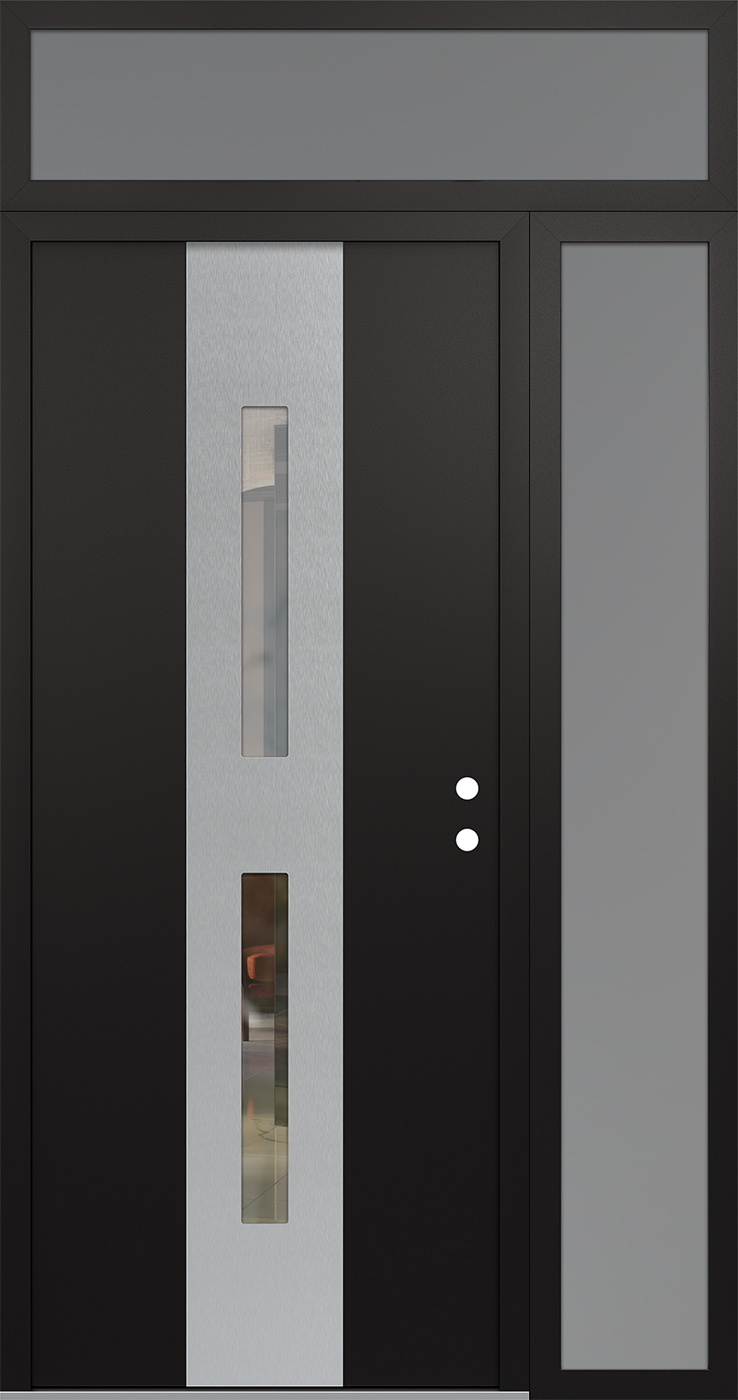 Modern Steel Front Door DIAMOND A6 50" X 96" BLACK/BLACK CLEAR GLASS PANEL STAINLESS STEEL LHI WITH SIDELITE AND TRANSOM MIRRORED GLASS