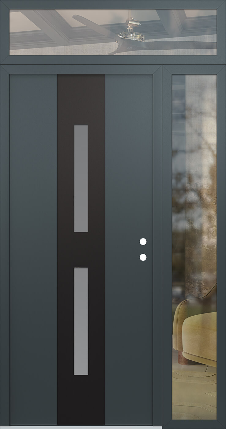 Modern Steel Front Door DIAMOND A6 52" X 96" ANTHRACITE/ANTHRACITE FROSTED GLASS PANEL BLACK LHI WITH SIDELITE AND TRANSOM MIRRORED GLASS