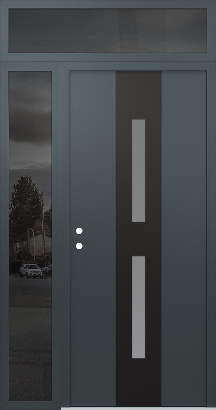 Modern Steel Front Door DIAMOND A6 52" X 96" ANTHRACITE/ANTHRACITE FROSTED GLASS PANEL BLACK RHI WITH SIDELITE AND TRANSOM CLEAR GLASS