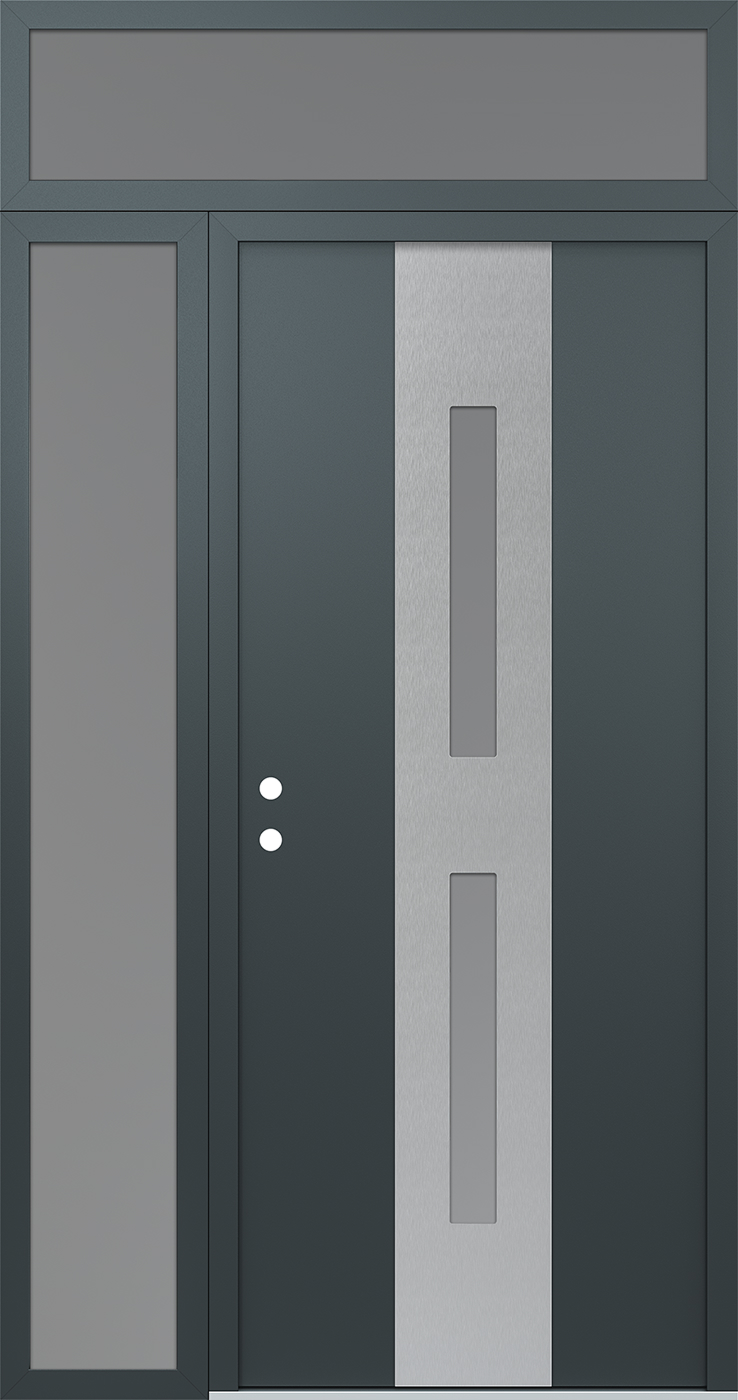 Modern Steel Front Door DIAMOND A6 52" X 96" ANTHRACITE/ANTHRACITE FROSTED GLASS PANEL STAINLESS STEEL RHI WITH SIDELITE AND TRANSOM MIRRORED GLASS