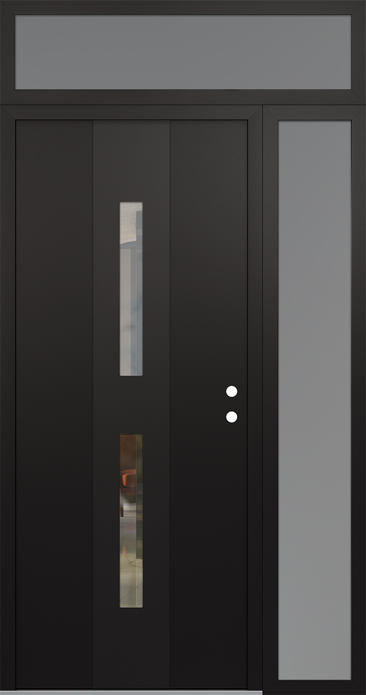 Modern Steel Front Door DIAMOND A6 52" X 96" BLACK/BLACK CLEAR GLASS PANEL BLACK LHI WITH SIDELITE AND TRANSOM CLEAR GLASS