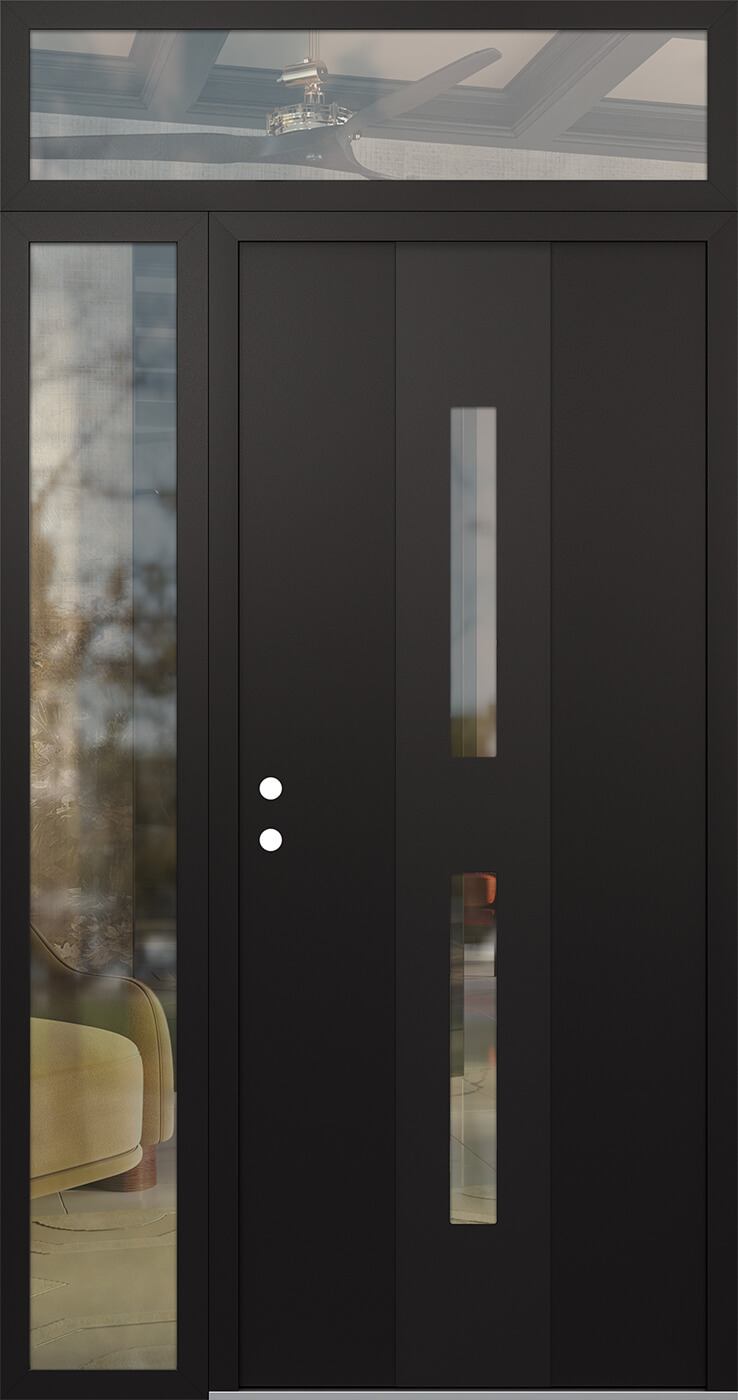 Modern Steel Front Door DIAMOND A6 52" X 96" BLACK/BLACK CLEAR GLASS PANEL BLACK RHI WITH SIDELITE AND TRANSOM MIRRORED GLASS