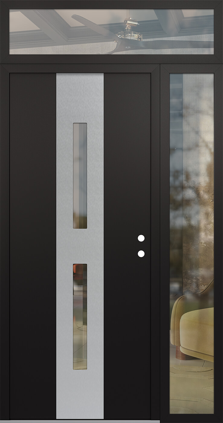 Modern Steel Front Door DIAMOND A6 52" X 96" BLACK/BLACK CLEAR GLASS PANEL STAINLESS STEEL LHI WITH SIDELITE AND TRANSOM MIRRORED GLASS