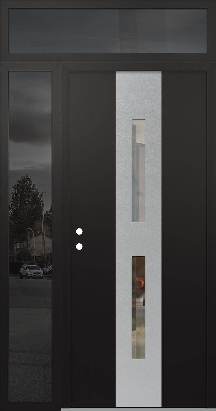 Modern Steel Front Door DIAMOND A6 52" X 96" BLACK/BLACK CLEAR GLASS PANEL STAINLESS STEEL RHI WITH SIDELITE AND TRANSOM CLEAR GLASS