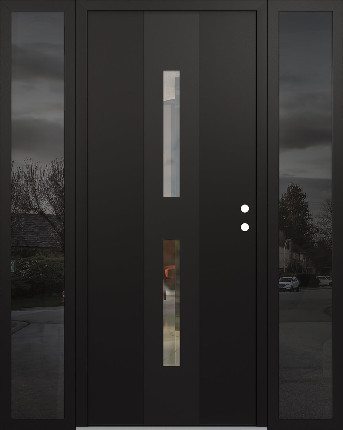 Modern Steel Front Door DIAMOND A6 60" X 80" BLACK/BLACK CLEAR GLASS PANEL BLACK LHI WITH 2 SIDELITES CLEAR GLASS