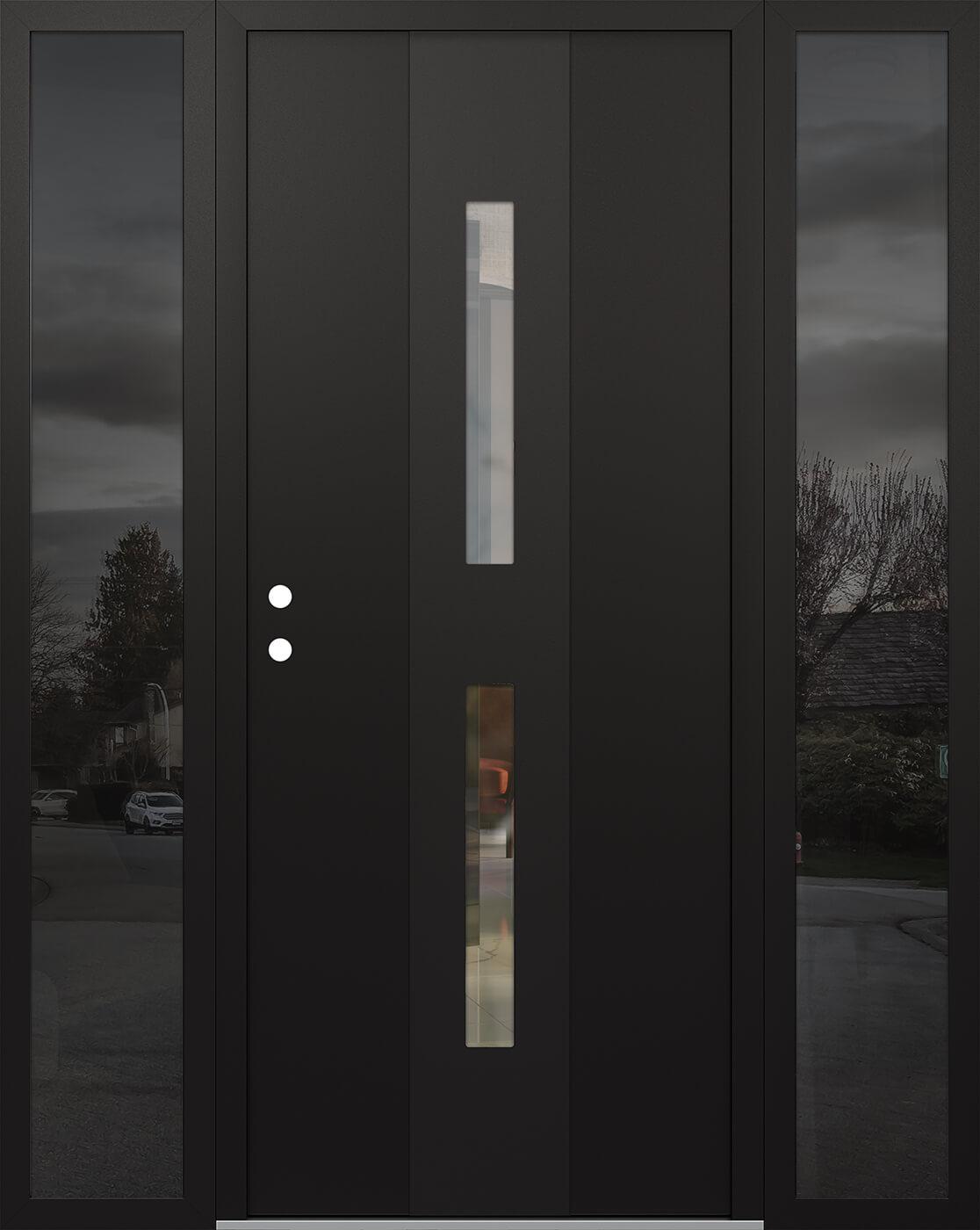 Modern Steel Front Door DIAMOND A6 60" X 80" BLACK/BLACK CLEAR GLASS PANEL BLACK RHI WITH 2 SIDELITES FROSTED GLASS