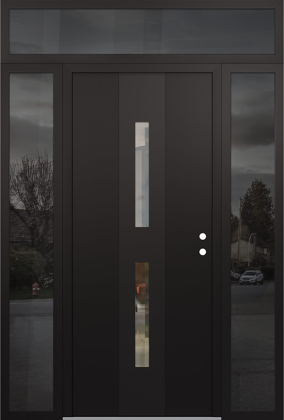 Modern Steel Front Door DIAMOND A6 60" X 96" BLACK/BLACK CLEAR GLASS PANEL BLACK LHI WITH 2 SIDELITES AND TRANSOM FROSTED GLASS
