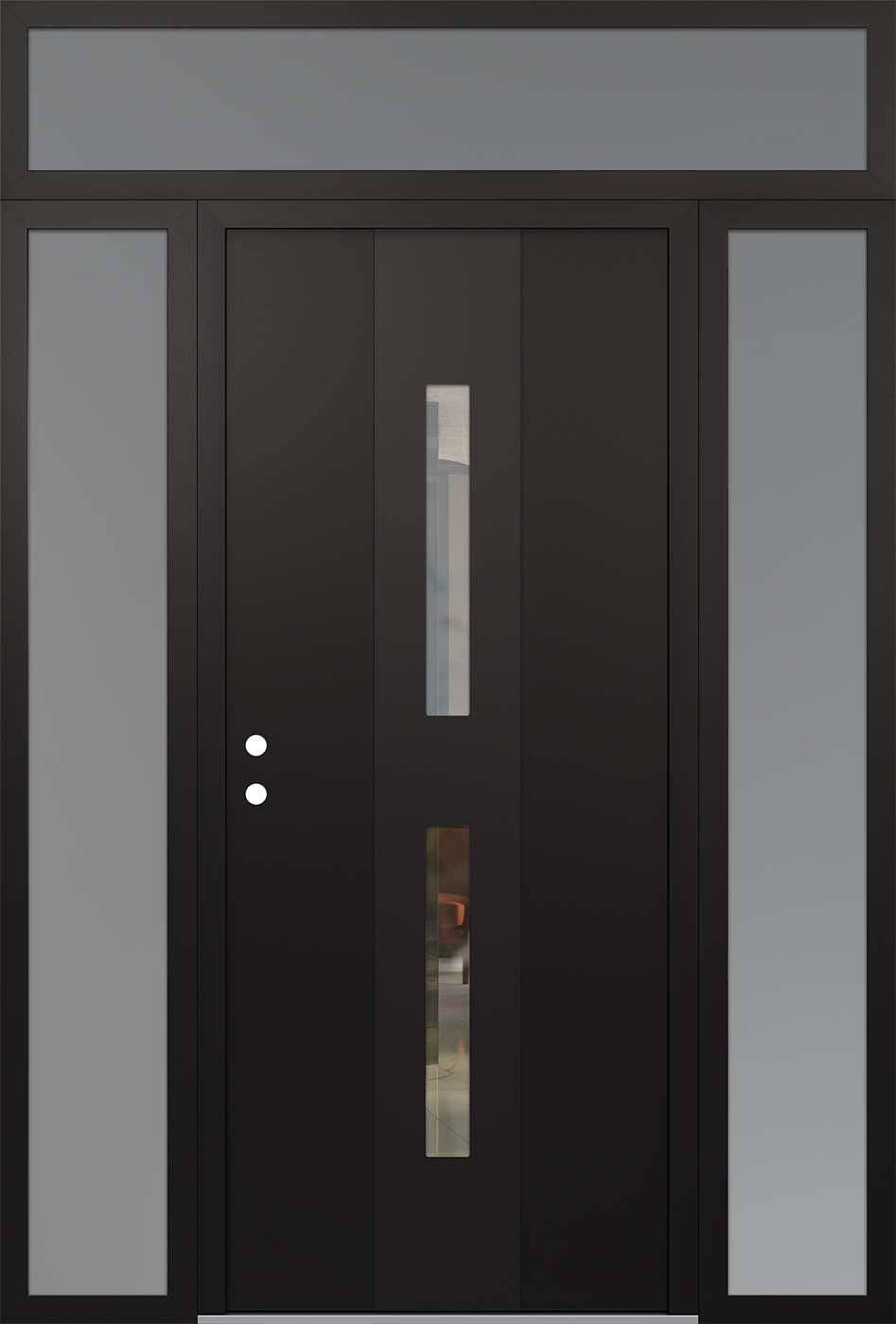 Modern Steel Front Door DIAMOND A6 60" X 96" BLACK/BLACK CLEAR GLASS PANEL BLACK RHI WITH 2 SIDELITES AND TRANSOM CLEAR GLASS