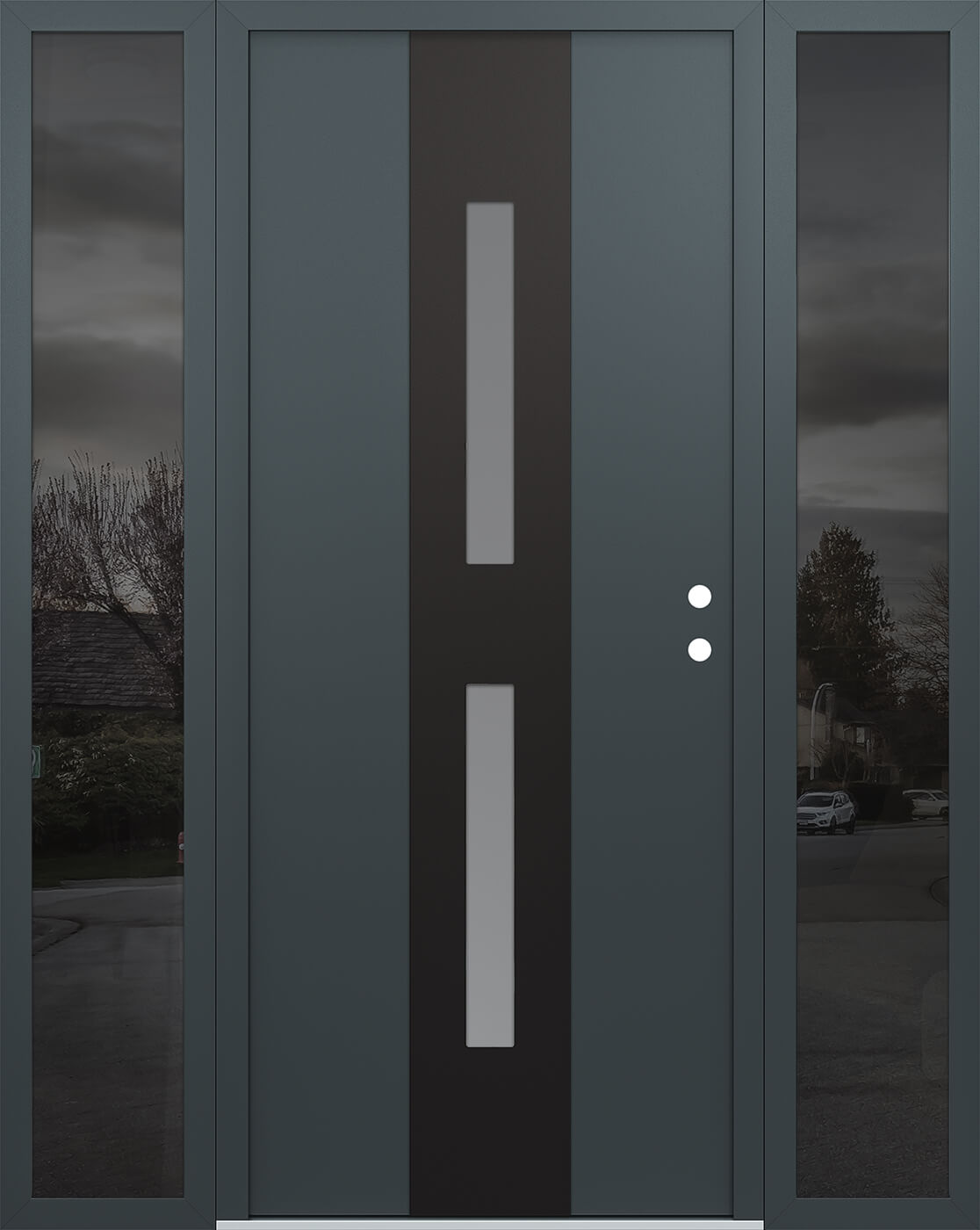 Modern Steel Front Door DIAMOND A6 64" X 80" ANTHRACITE/ANTHRACITE FROSTED GLASS PANEL BLACK LHI WITH 2 SIDELITES FROSTED GLASS