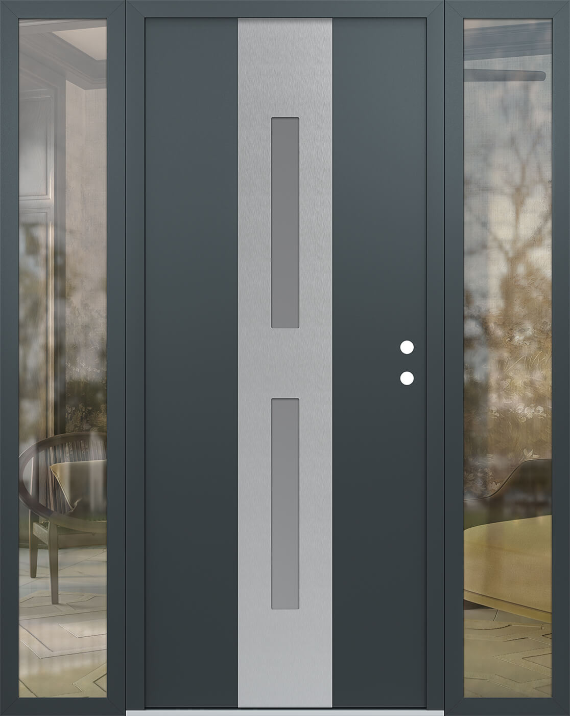 Modern Steel Front Door DIAMOND A6 64" X 80" ANTHRACITE/ANTHRACITE FROSTED GLASS PANEL STAINLESS STEEL RHI WITH 2 SIDELITES CLEAR GLASS
