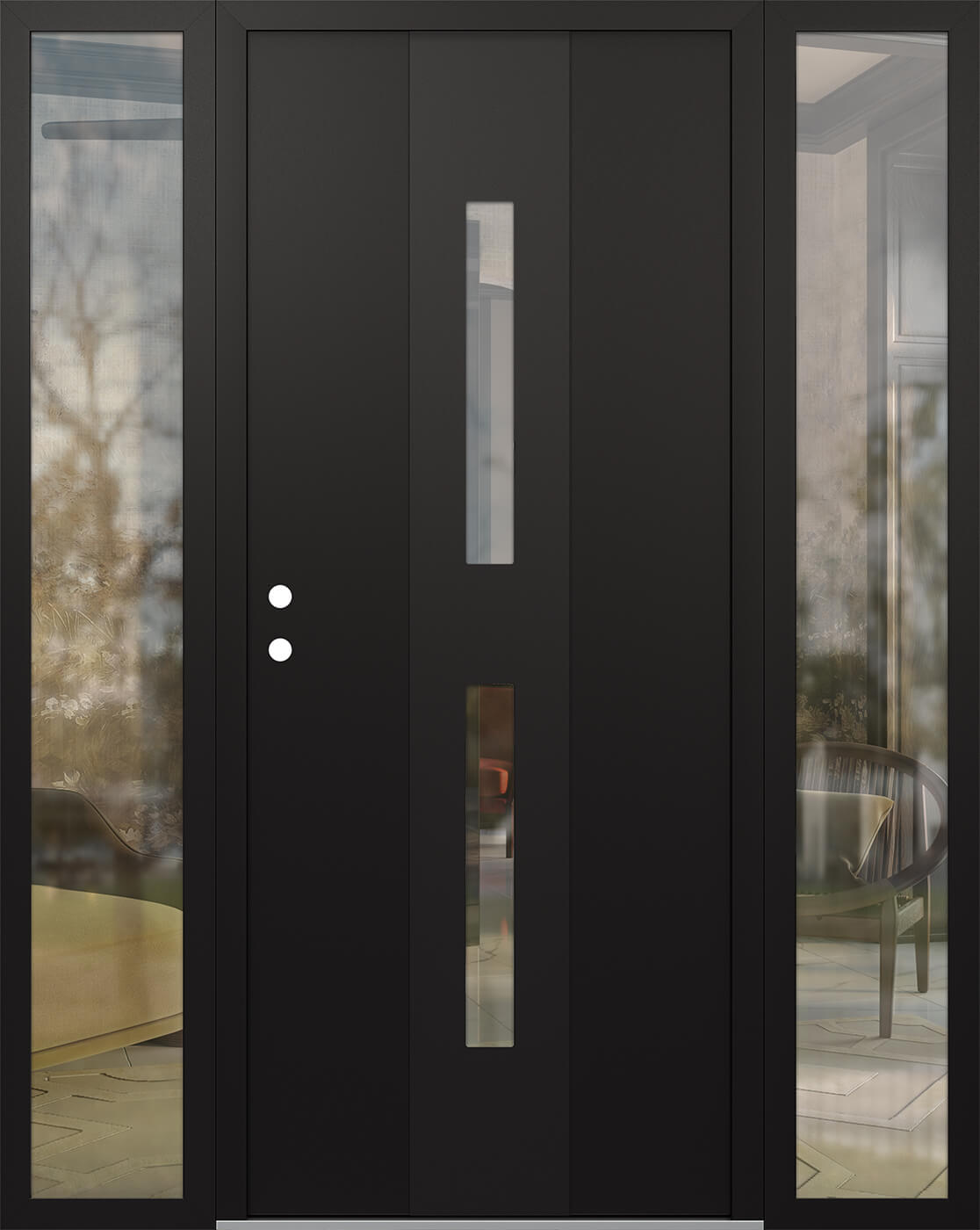 Modern Steel Front Door DIAMOND A6 64" X 80" BLACK/BLACK CLEAR GLASS PANEL BLACK RHI WITH 2 SIDELITES MIRRORED GLASS