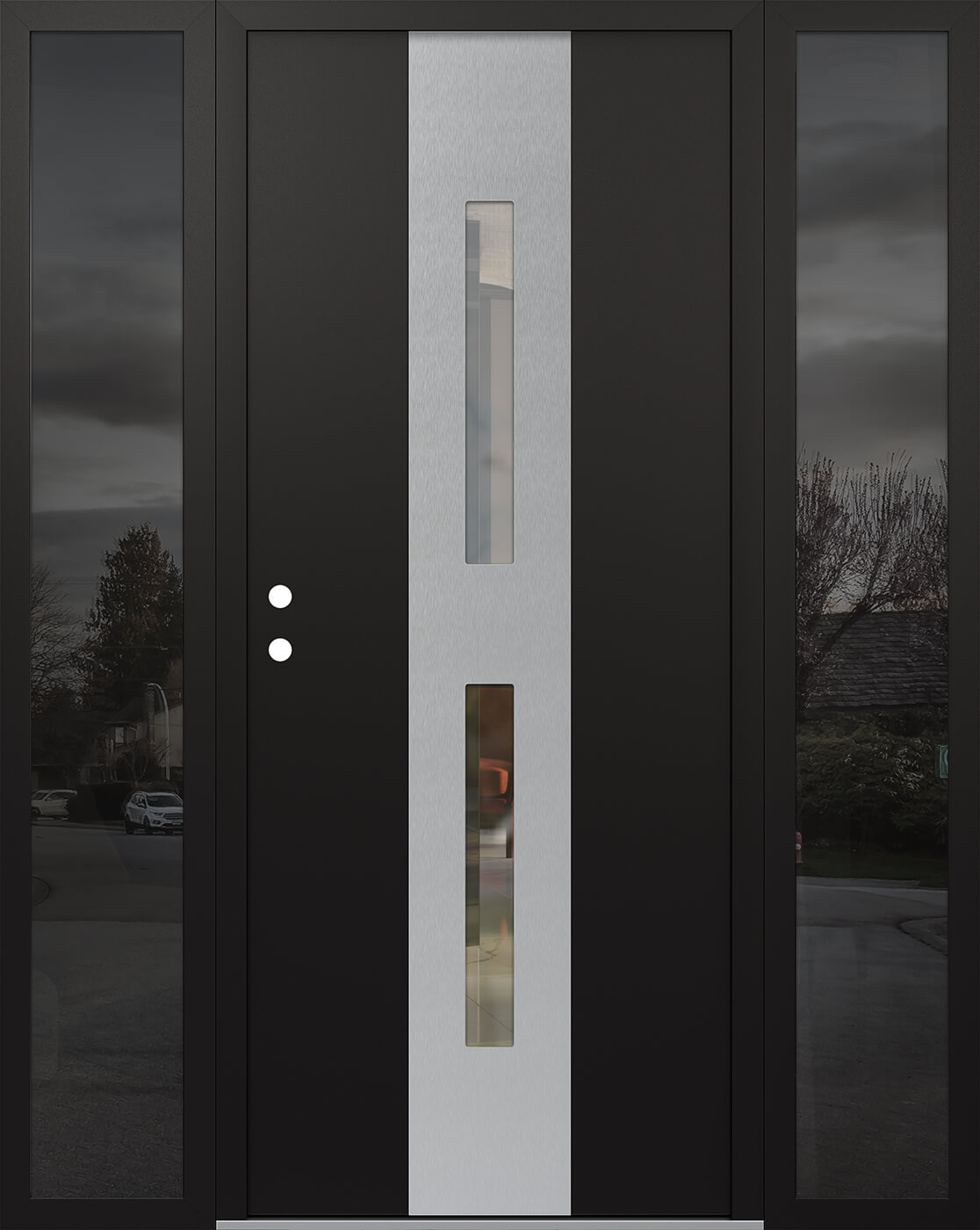 Modern Steel Front Door DIAMOND A6 64" X 80" BLACK/BLACK CLEAR GLASS PANEL STAINLESS STEEL RHI WITH 2 SIDELITES CLEAR GLASS