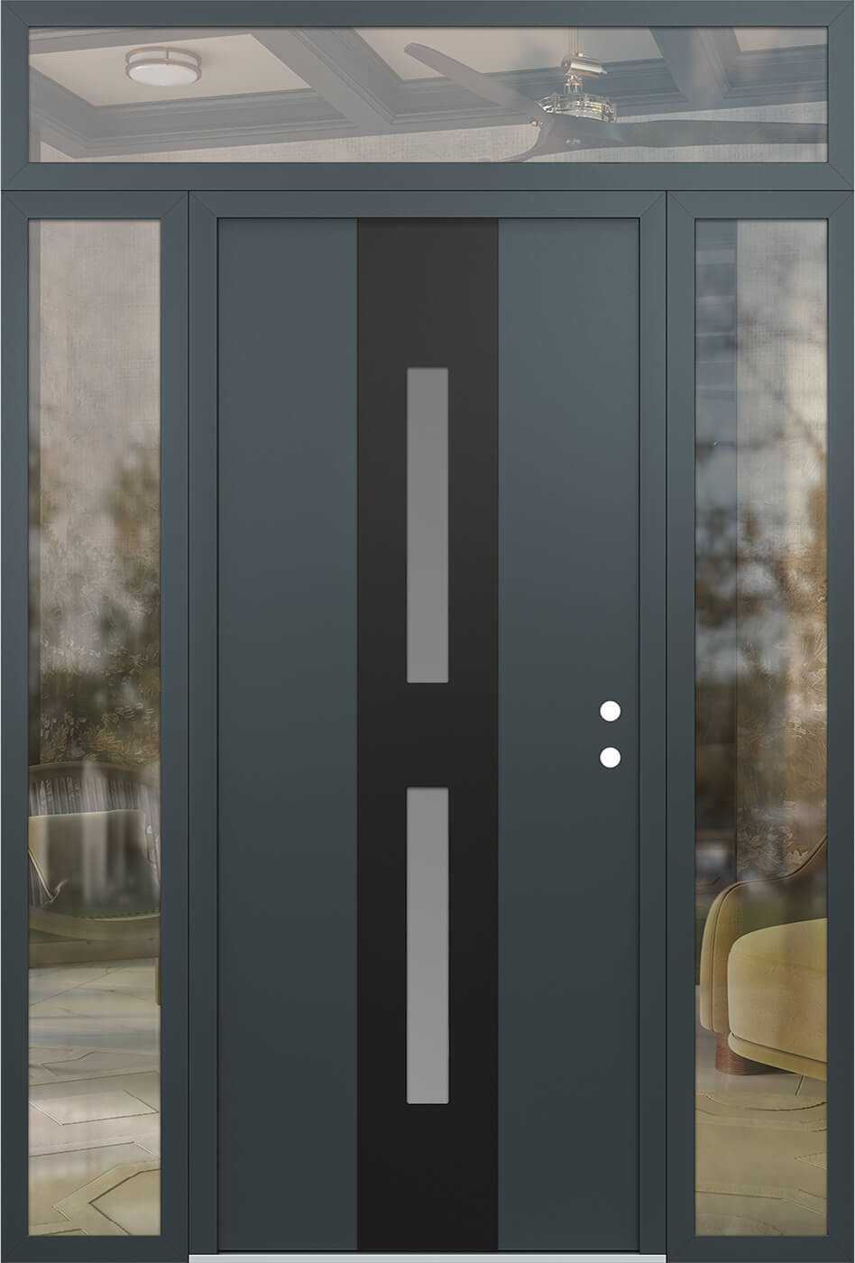 Modern Steel Front Door DIAMOND A6 64" X 96" ANTHRACITE/ANTHRACITE FROSTED GLASS PANEL BLACK LHI WITH 2 SIDELITES AND TRANSOM FROSTED GLASS