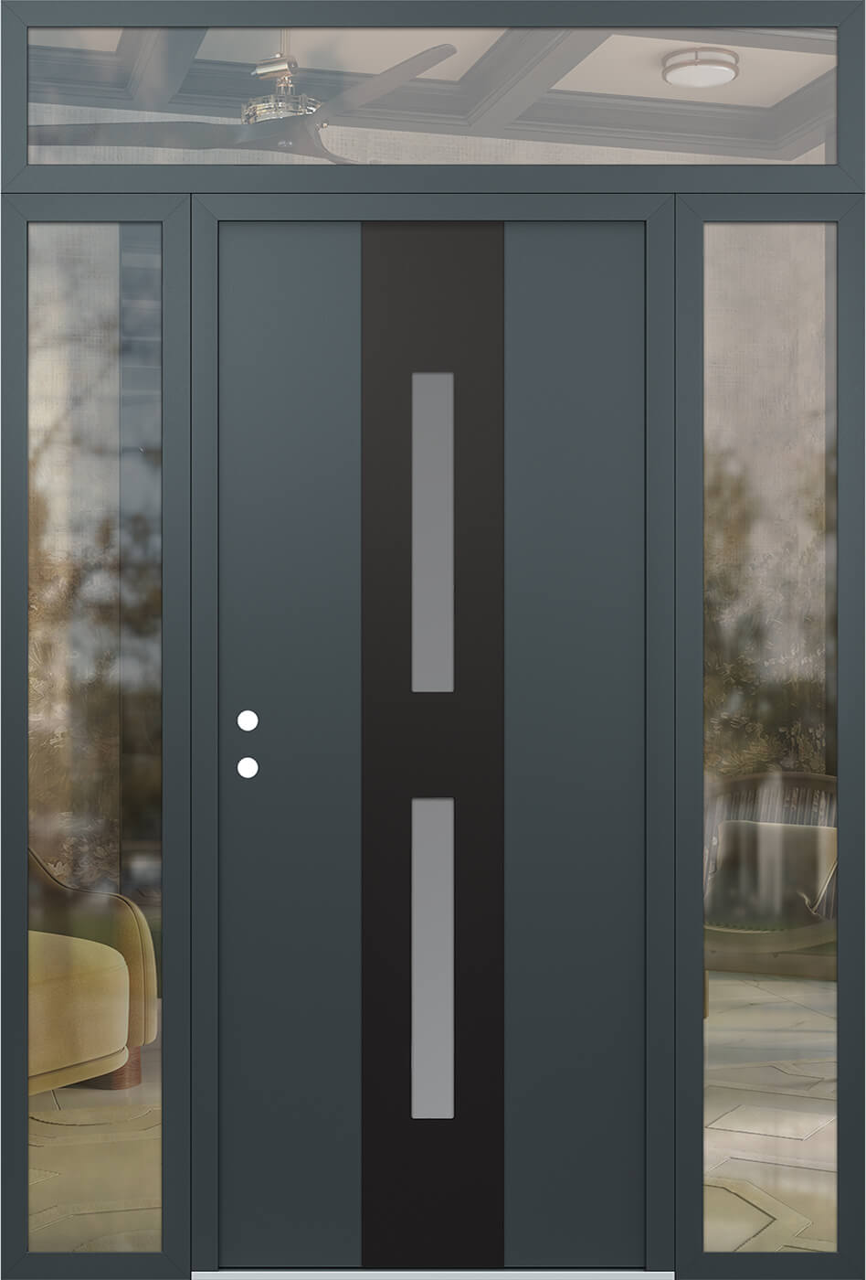 Modern Steel Front Door DIAMOND A6 64" X 96" ANTHRACITE/ANTHRACITE FROSTED GLASS PANEL BLACK RHI WITH 2 SIDELITES AND TRANSOM MIRRORED GLASS
