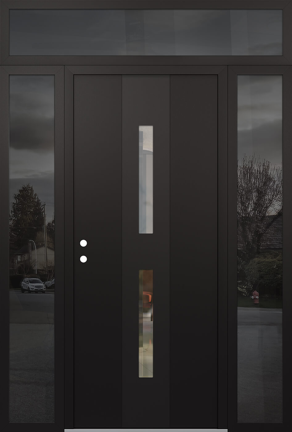 Modern Steel Front Door DIAMOND A6 64" X 96" BLACK/BLACK CLEAR GLASS PANEL BLACK RHI WITH 2 SIDELITES AND TRANSOM FROSTED GLASS