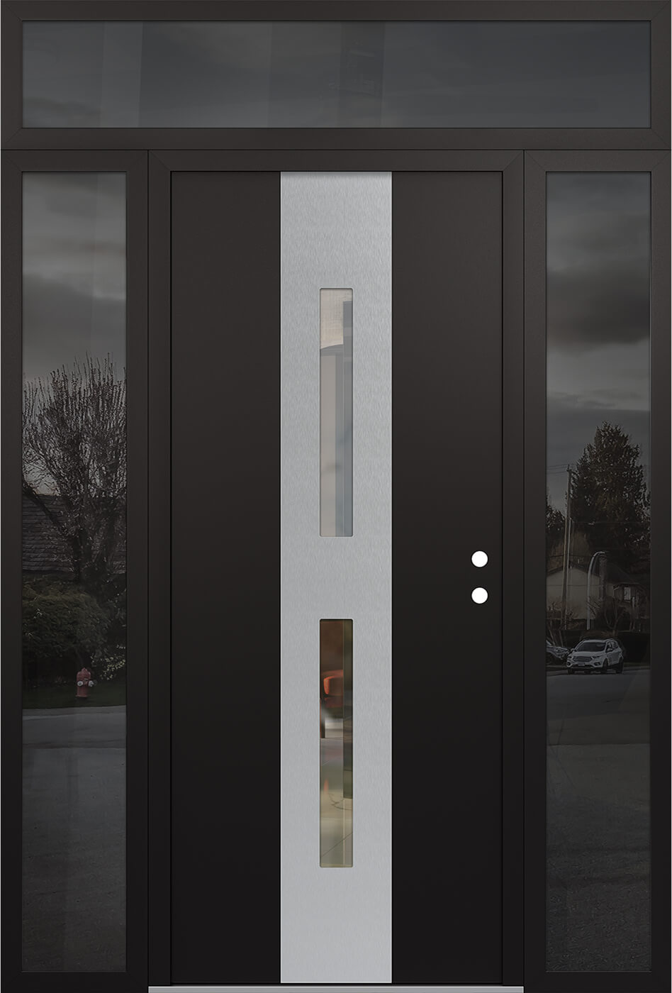 Modern Steel Front Door DIAMOND A6 64" X 96" BLACK/BLACK CLEAR GLASS PANEL STAINLESS STEEL LHI WITH 2 SIDELITES AND TRANSOM CLEAR GLASS