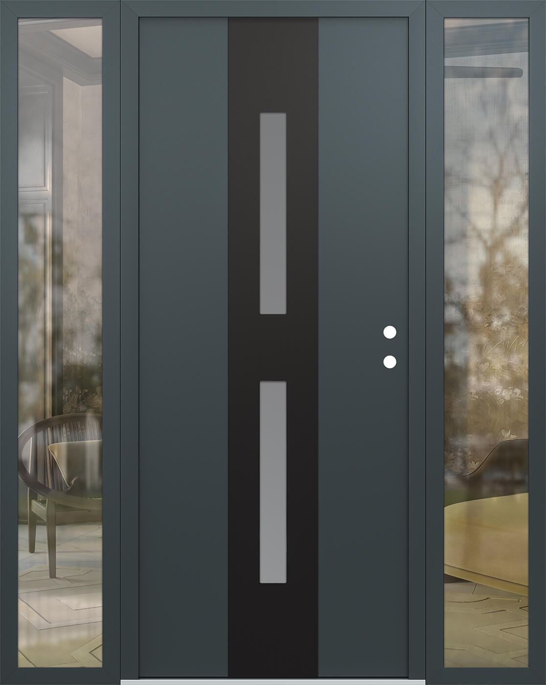 Modern Steel Front Door DIAMOND A6 68" X 80" ANTHRACITE/ANTHRACITE FROSTED GLASS PANEL BLACK LHI WITH 2 SIDELITES FROSTED GLASS