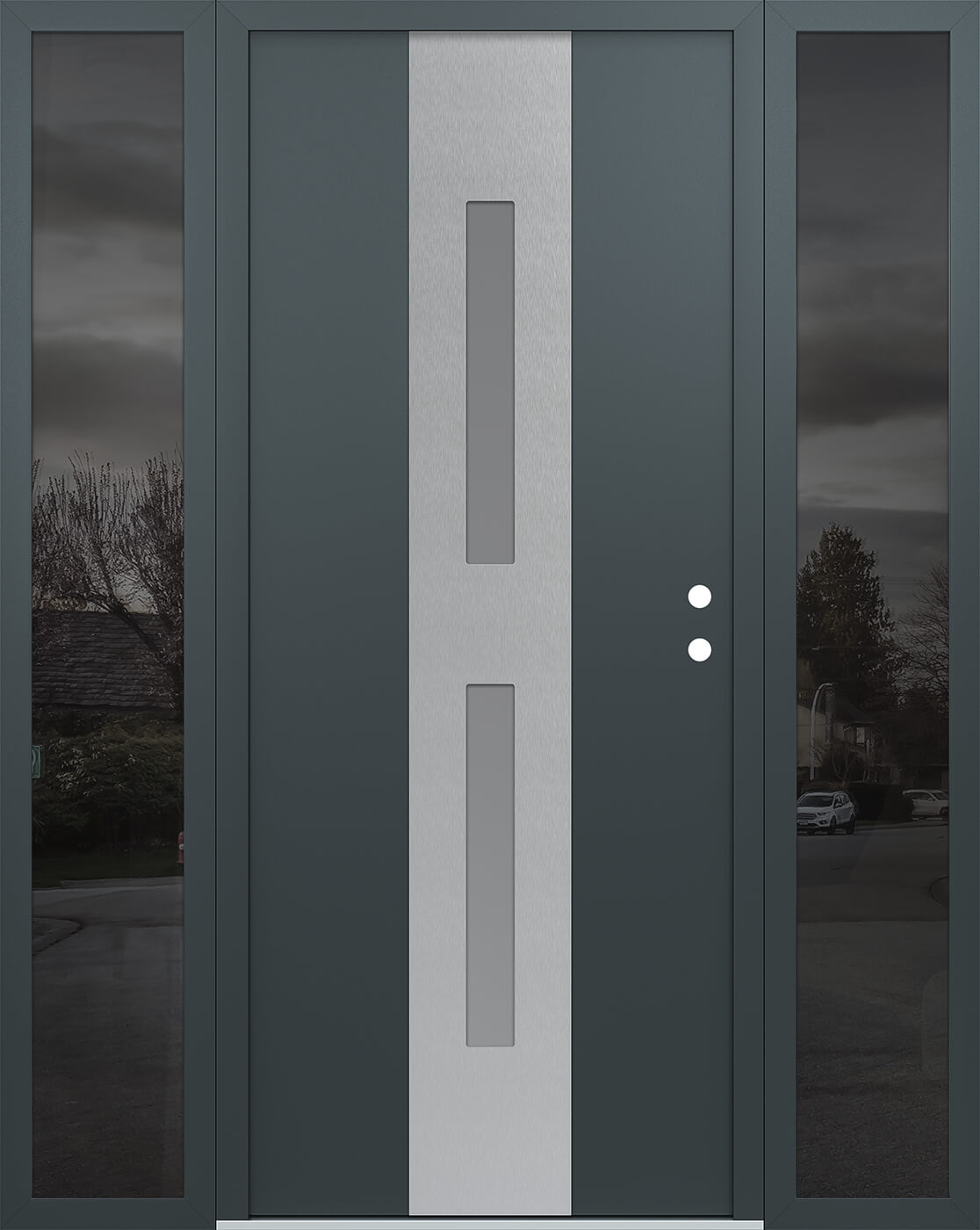 Modern Steel Front Door DIAMOND A6 68" X 80" ANTHRACITE/ANTHRACITE FROSTED GLASS PANEL STAINLESS STEEL RHI WITH 2 SIDELITES MIRRORED GLASS