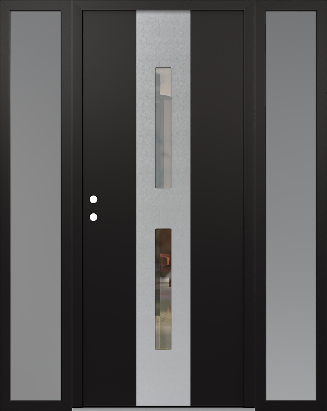 Modern Steel Front Door DIAMOND A6 68" X 80" BLACK/BLACK CLEAR GLASS PANEL STAINLESS STEEL RHI WITH 2 SIDELITES MIRRORED GLASS