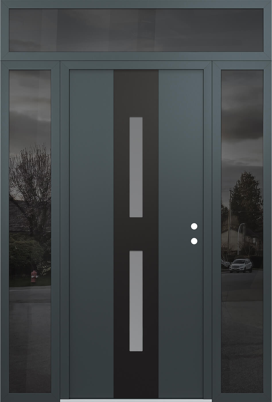 Modern Steel Front Door DIAMOND A6 68" X 96" ANTHRACITE/ANTHRACITE FROSTED GLASS PANEL BLACK LHI WITH 2 SIDELITES AND TRANSOM FROSTED GLASS