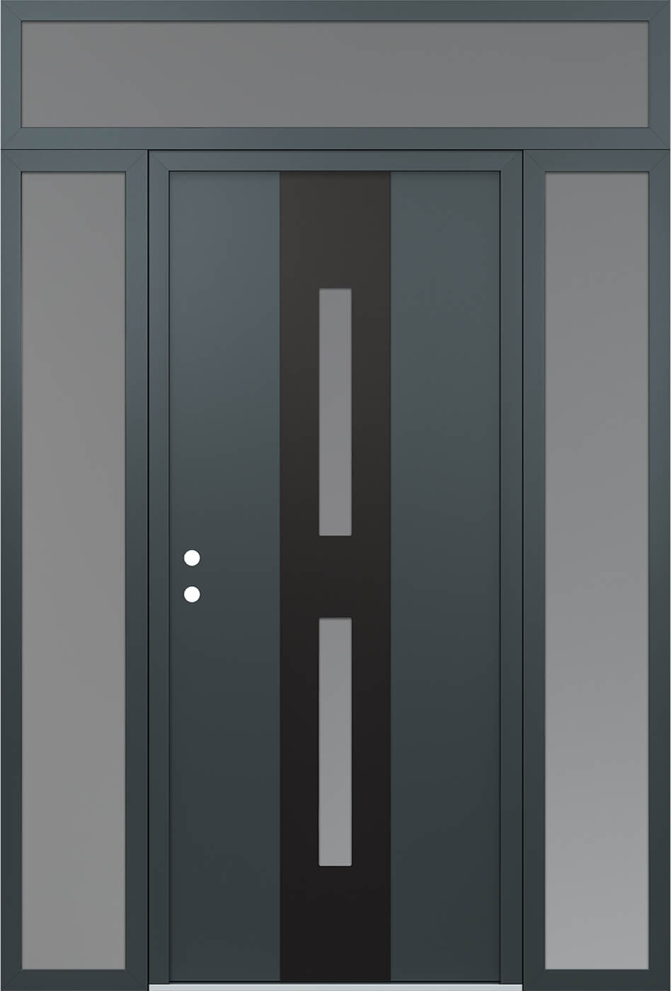 Modern Steel Front Door DIAMOND A6 68" X 96" ANTHRACITE/ANTHRACITE FROSTED GLASS PANEL BLACK RHI WITH 2 SIDELITES AND TRANSOM CLEAR GLASS