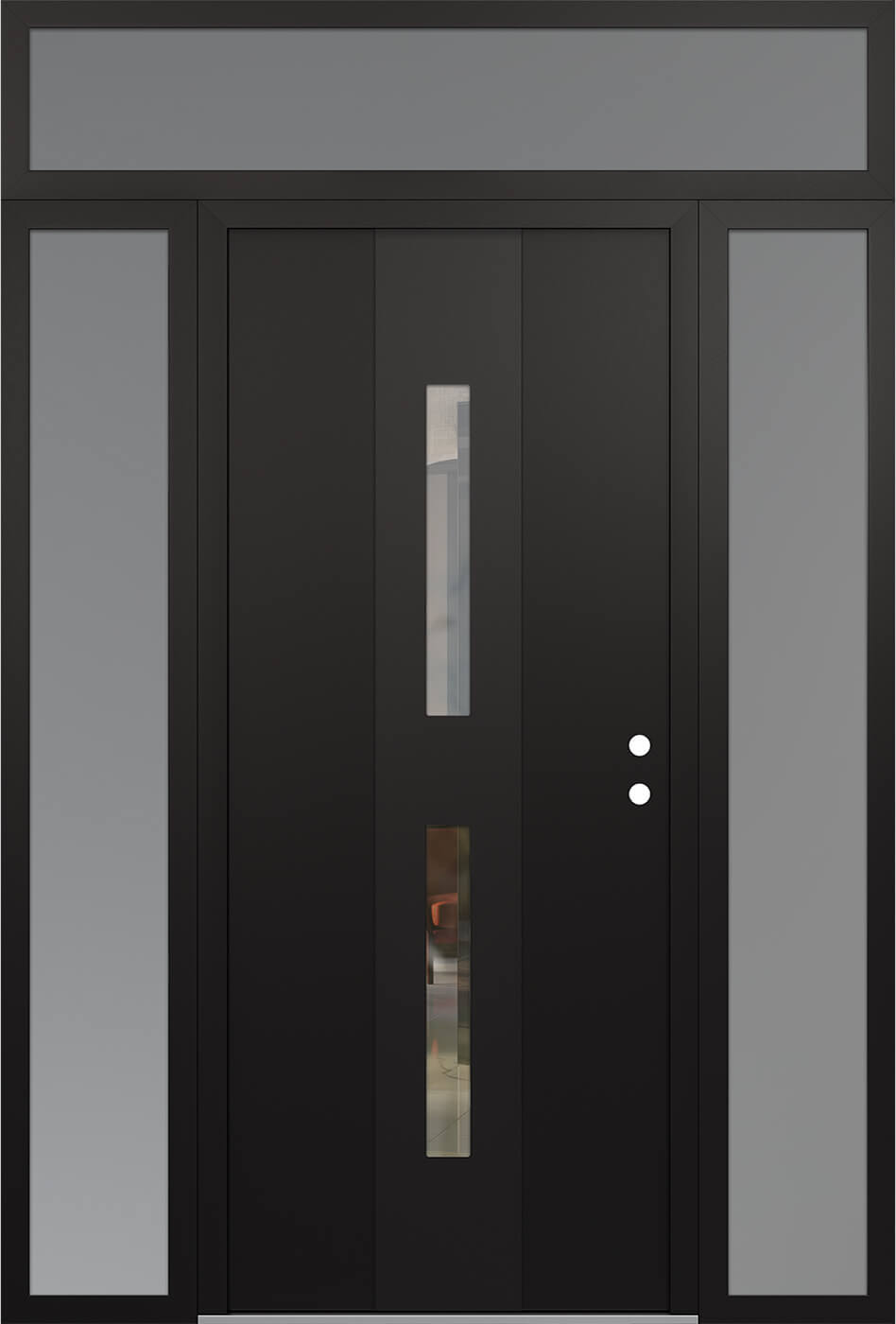 Modern Steel Front Door DIAMOND A6 68" X 96" BLACK/BLACK CLEAR GLASS PANEL BLACK LHI WITH 2 SIDELITES AND TRANSOM CLEAR GLASS