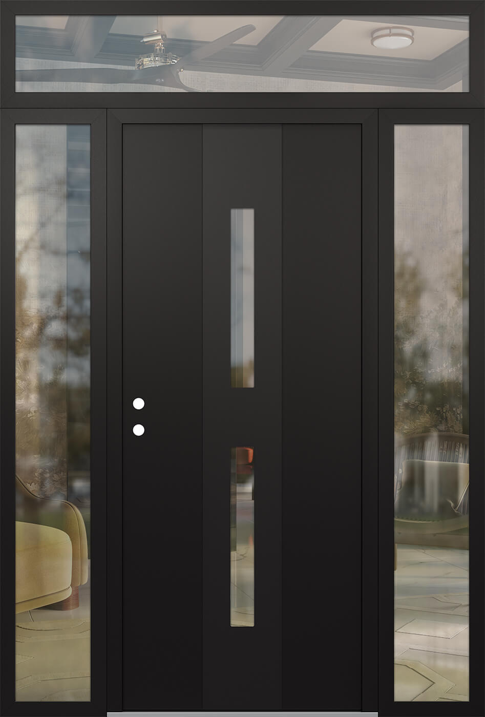 Modern Steel Front Door DIAMOND A6 68" X 96" BLACK/BLACK CLEAR GLASS PANEL BLACK RHI WITH 2 SIDELITES AND TRANSOM MIRRORED GLASS