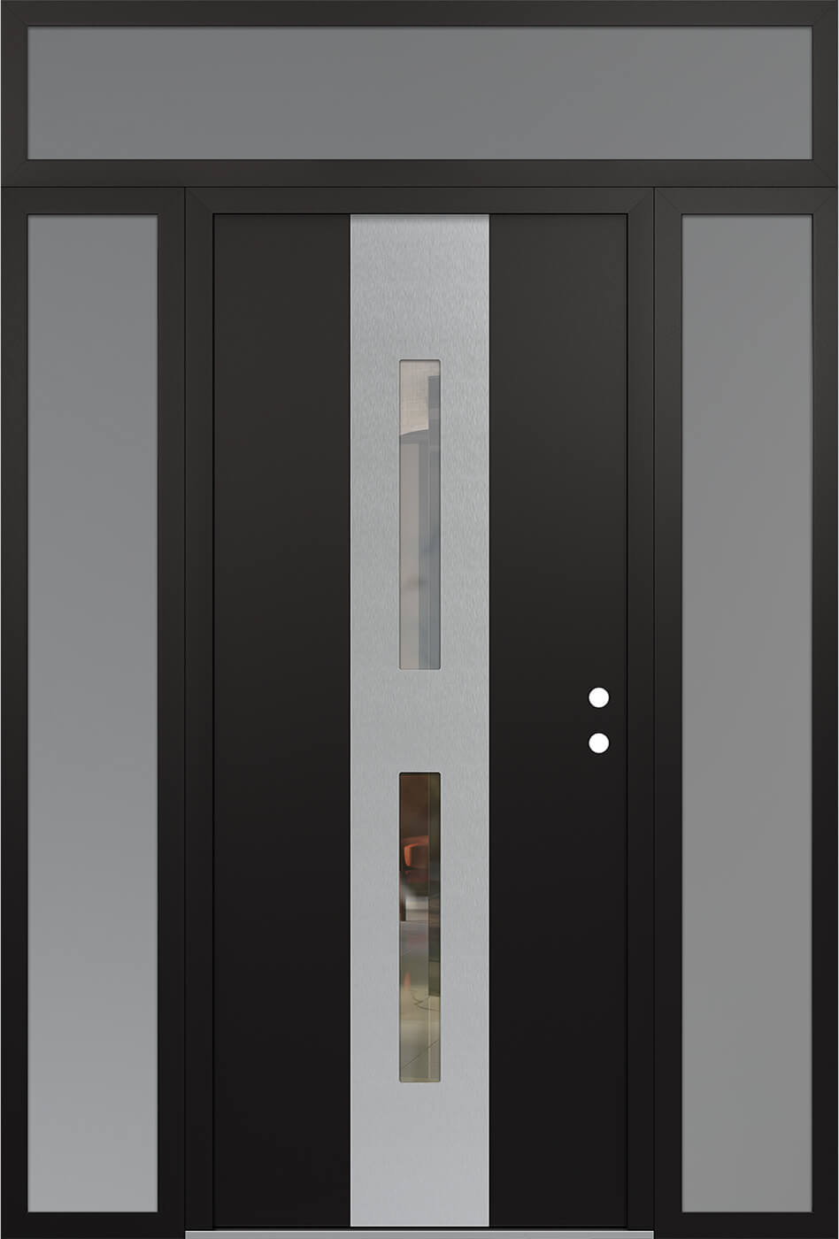 Modern Steel Front Door DIAMOND A6 68" X 96" BLACK/BLACK CLEAR GLASS PANEL STAINLESS STEEL LHI WITH 2 SIDELITES AND TRANSOM CLEAR GLASS